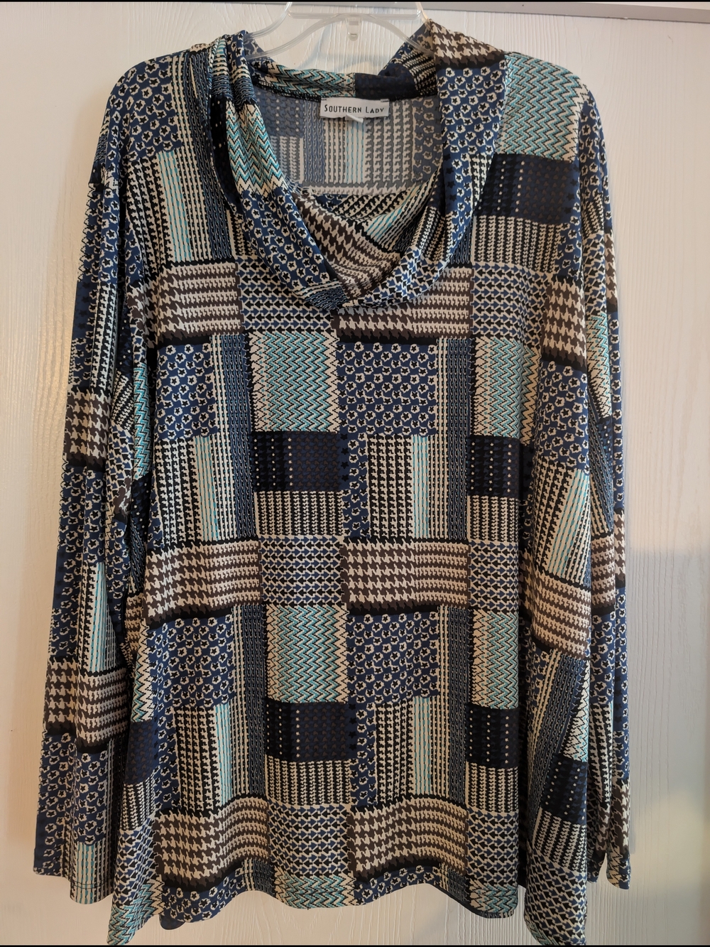 Southern Lady Navy, Cream & Light Blue Patchwork Cowl Neck Sweater